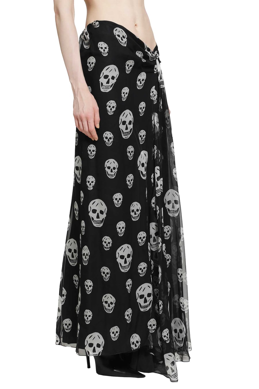 MCQUEEN Skull Print Draped Maxi Skirt, view 3