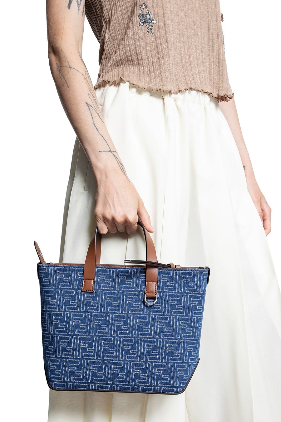 Fendi FF Denim-Effect Shopping Bag Small, view 6