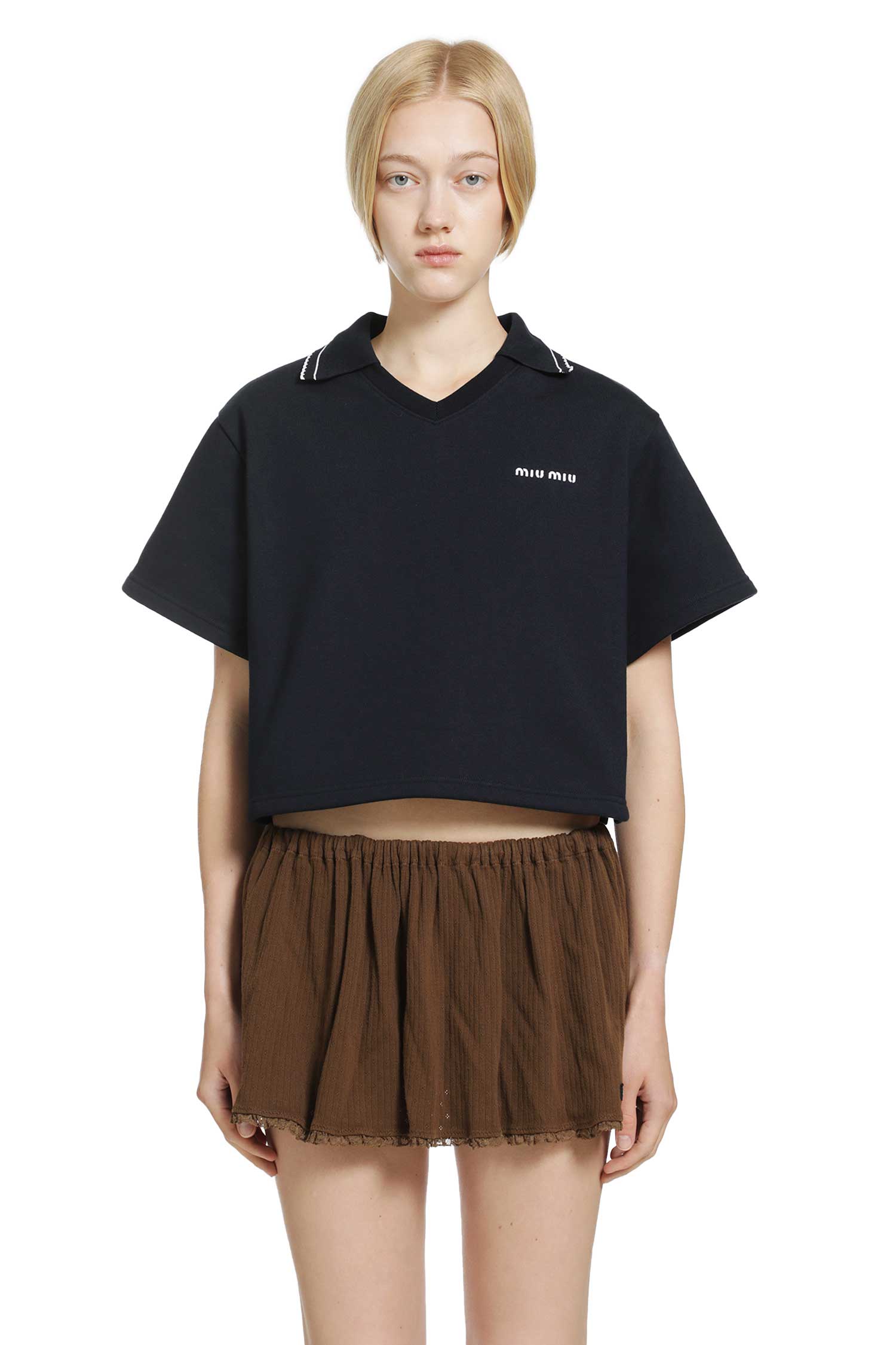 Miu Miu Cropped Cotton Fleece Polo Shirt, view 2