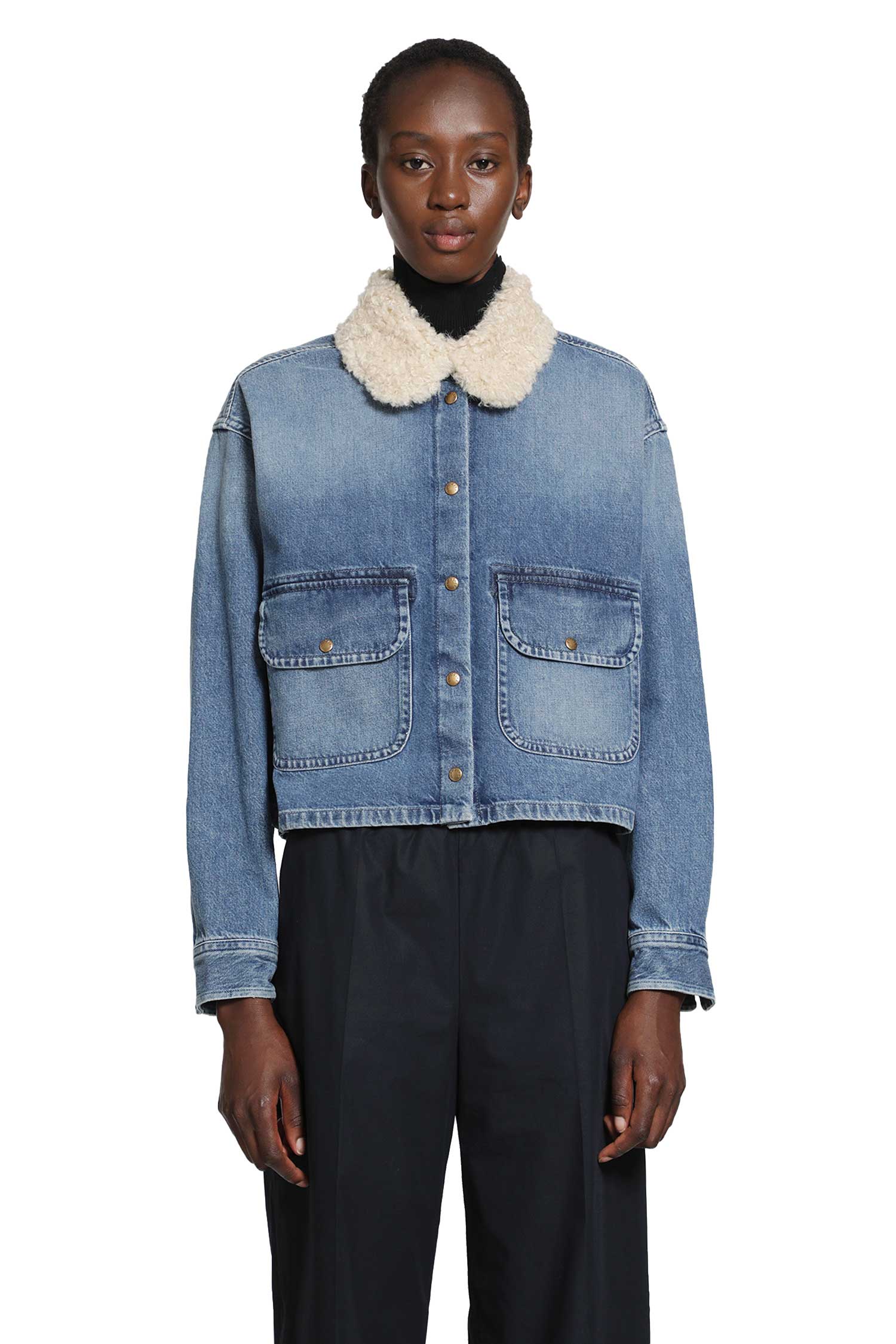 Moncler Teddy Trim Denim Shirt Jacket, view 2