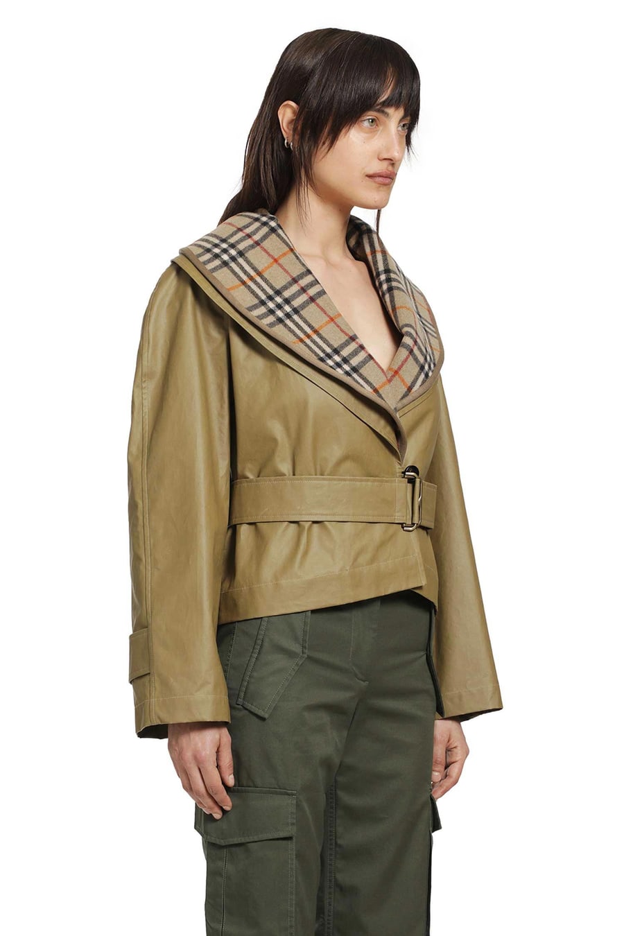 Burberry Cropped Cotton Jacket with Check Warmer, view 3