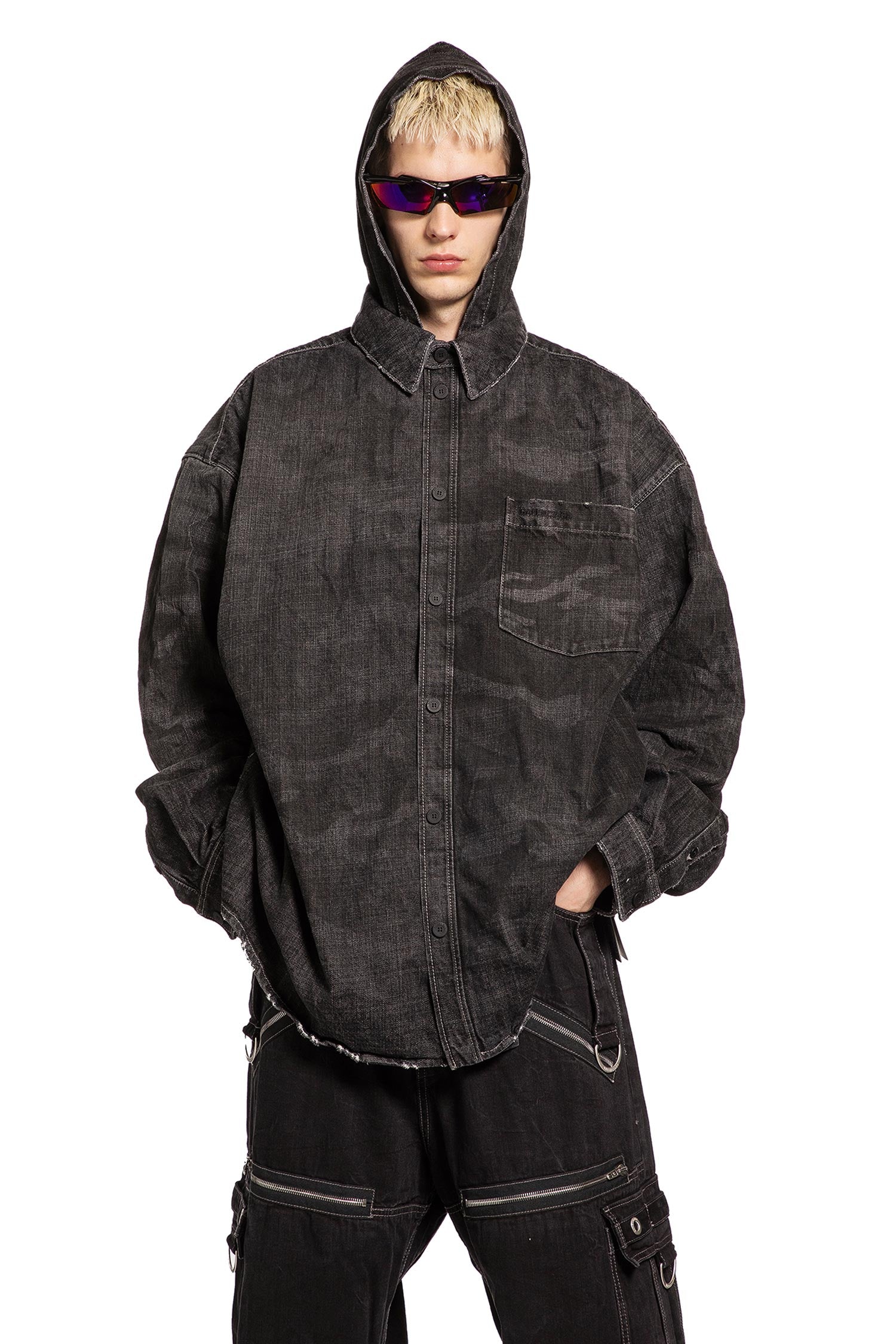 Balenciaga Washed Camo Denim Hooded Shirt