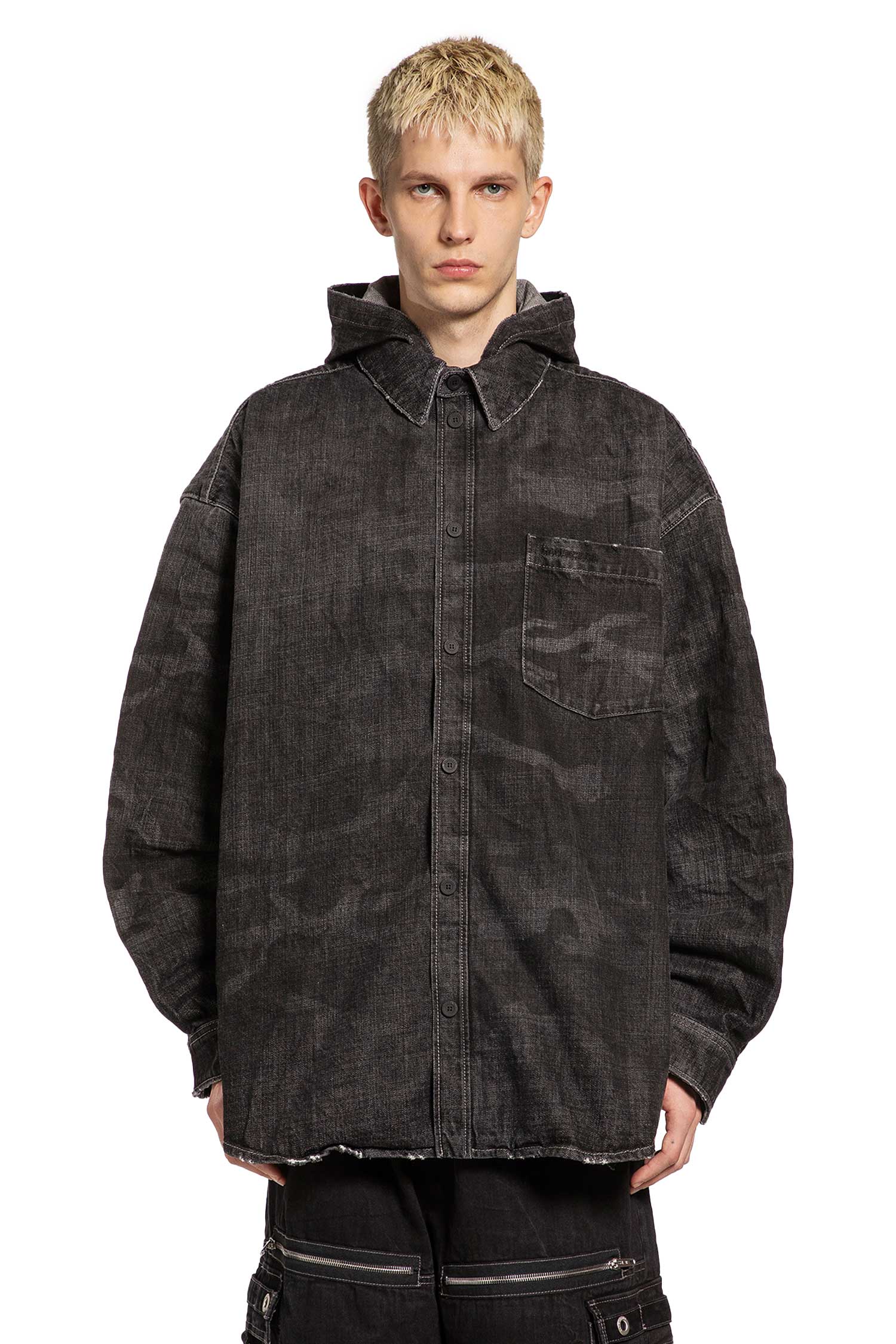 Balenciaga Washed Camo Denim Hooded Shirt, view 2