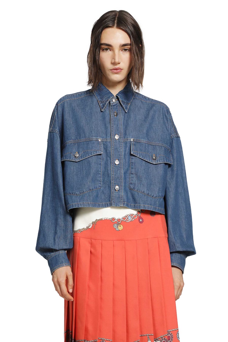 Versace Chambray Denim Crop Shirt, view 2