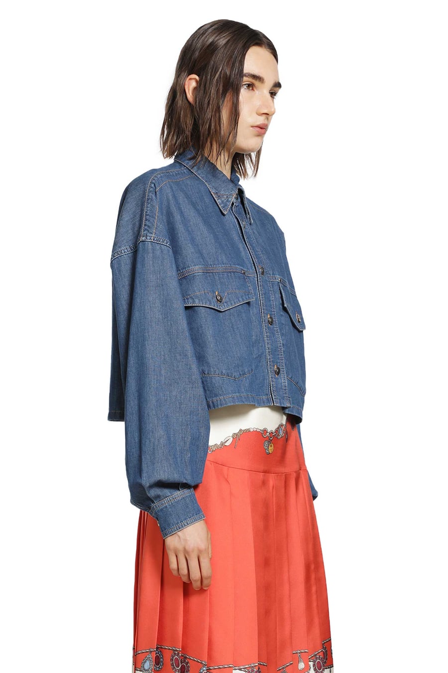 Versace Chambray Denim Crop Shirt, view 3