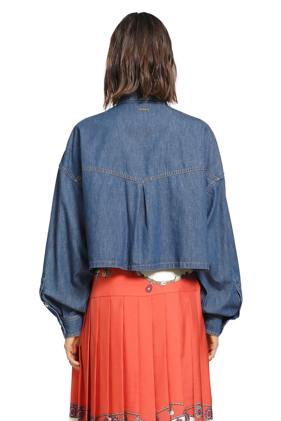 Versace Chambray Denim Crop Shirt, view 4
