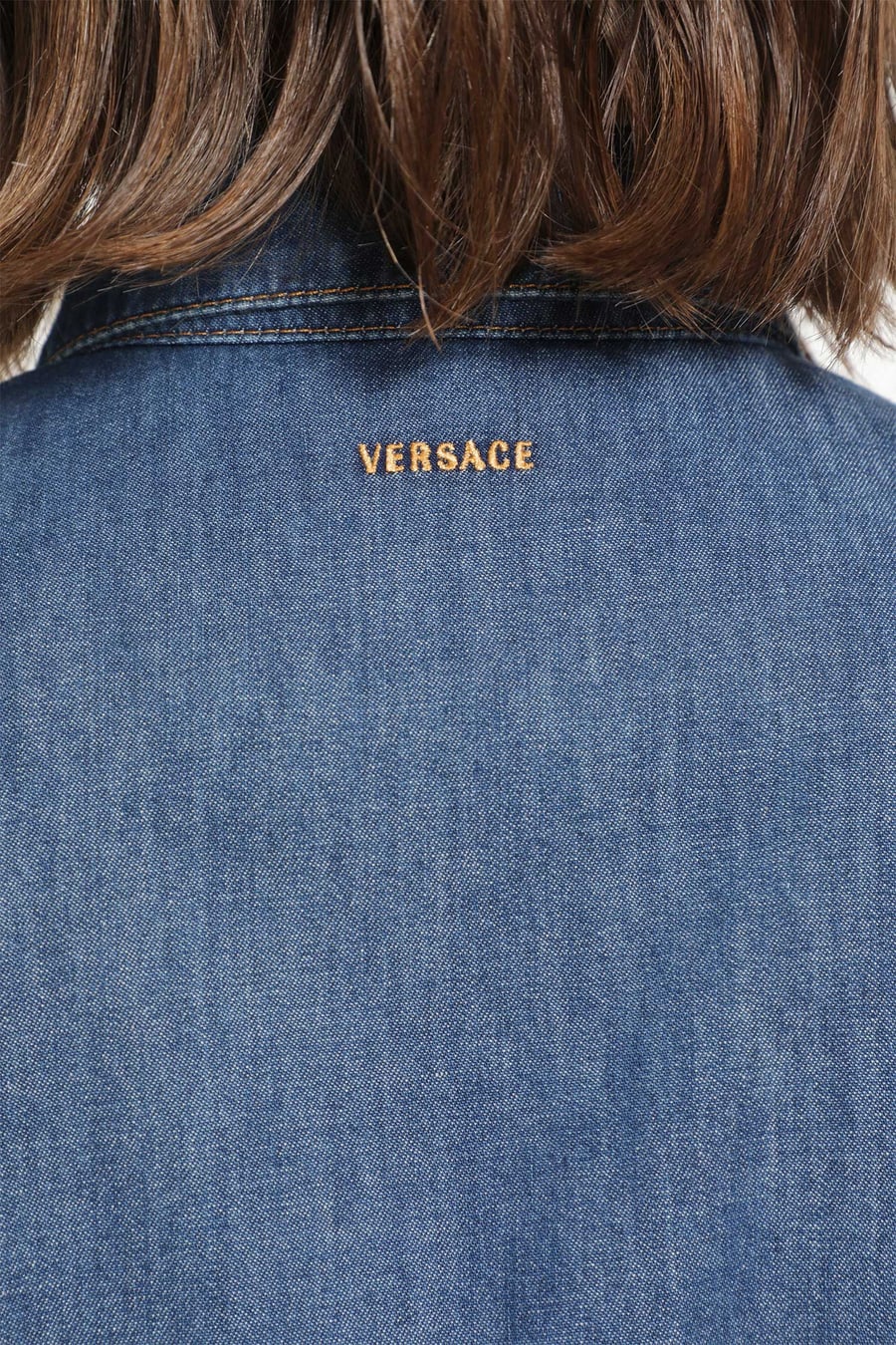 Versace Chambray Denim Crop Shirt, view 5