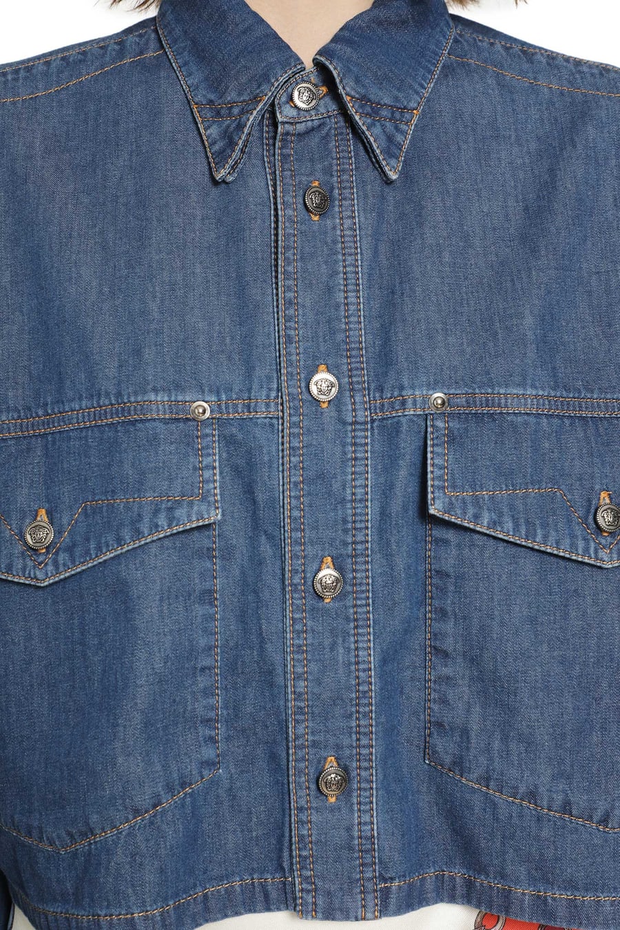 Versace Chambray Denim Crop Shirt, view 6