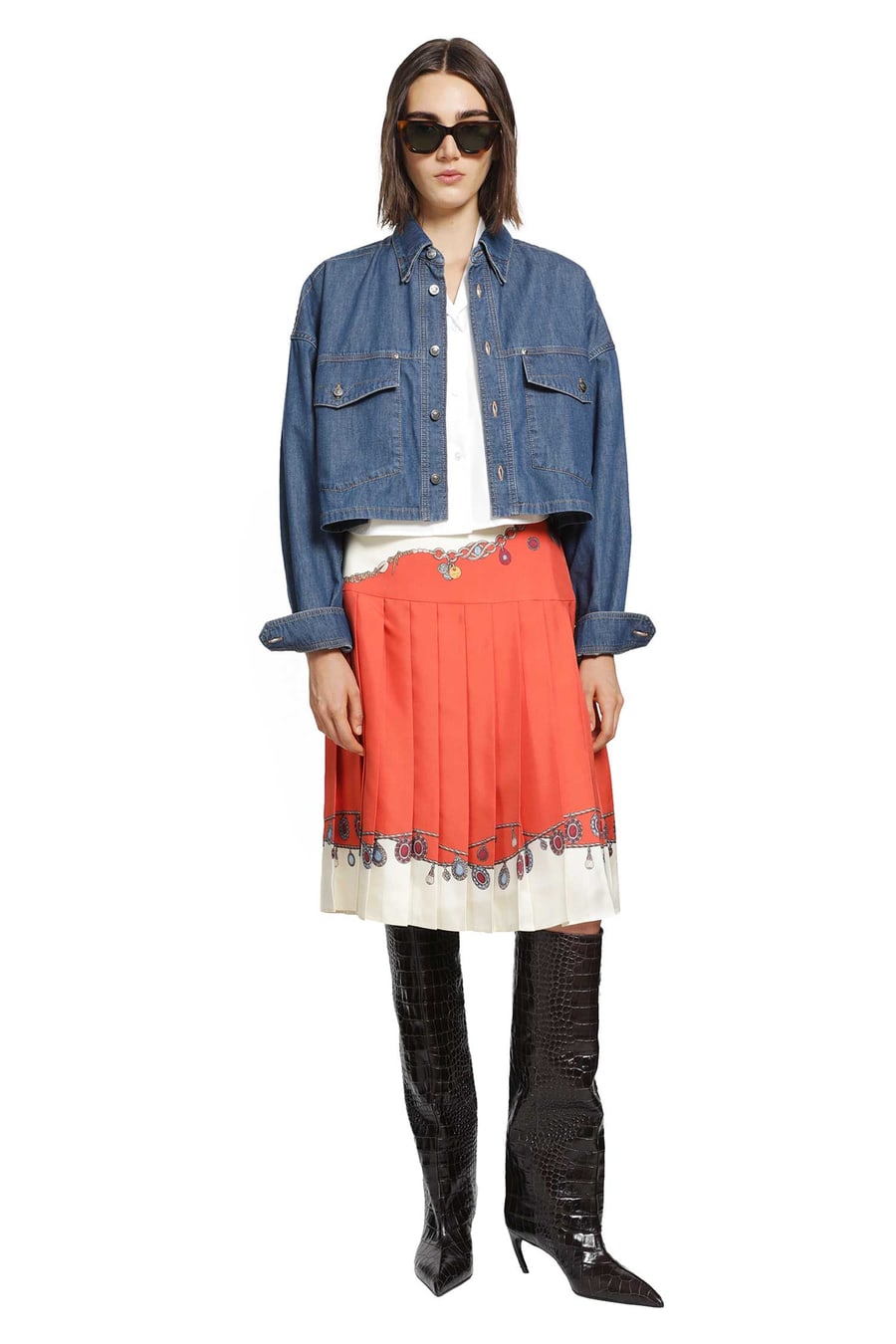 Versace Chambray Denim Crop Shirt, view 7