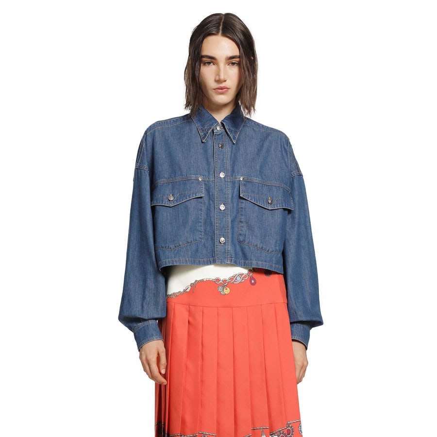 Versace Chambray Denim Crop Shirt, view 8