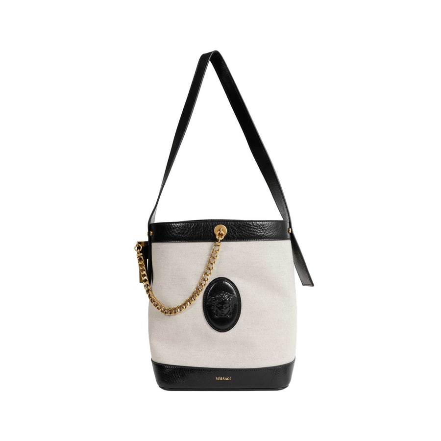 Versace Pivot Small Canvas Bucket Bag, view 5