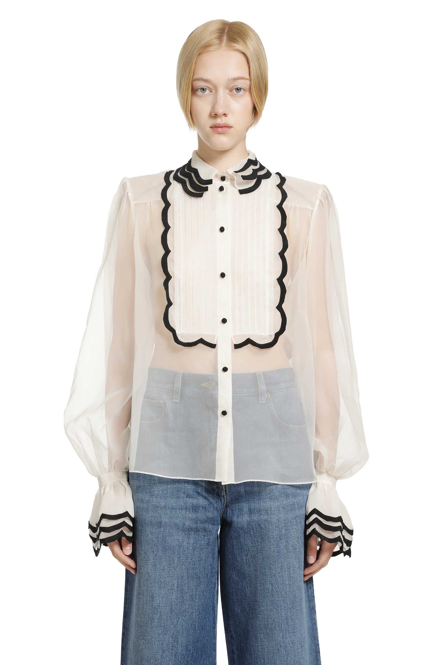 VALENTINO Organza Shirt with Embroidered Bib, view 2