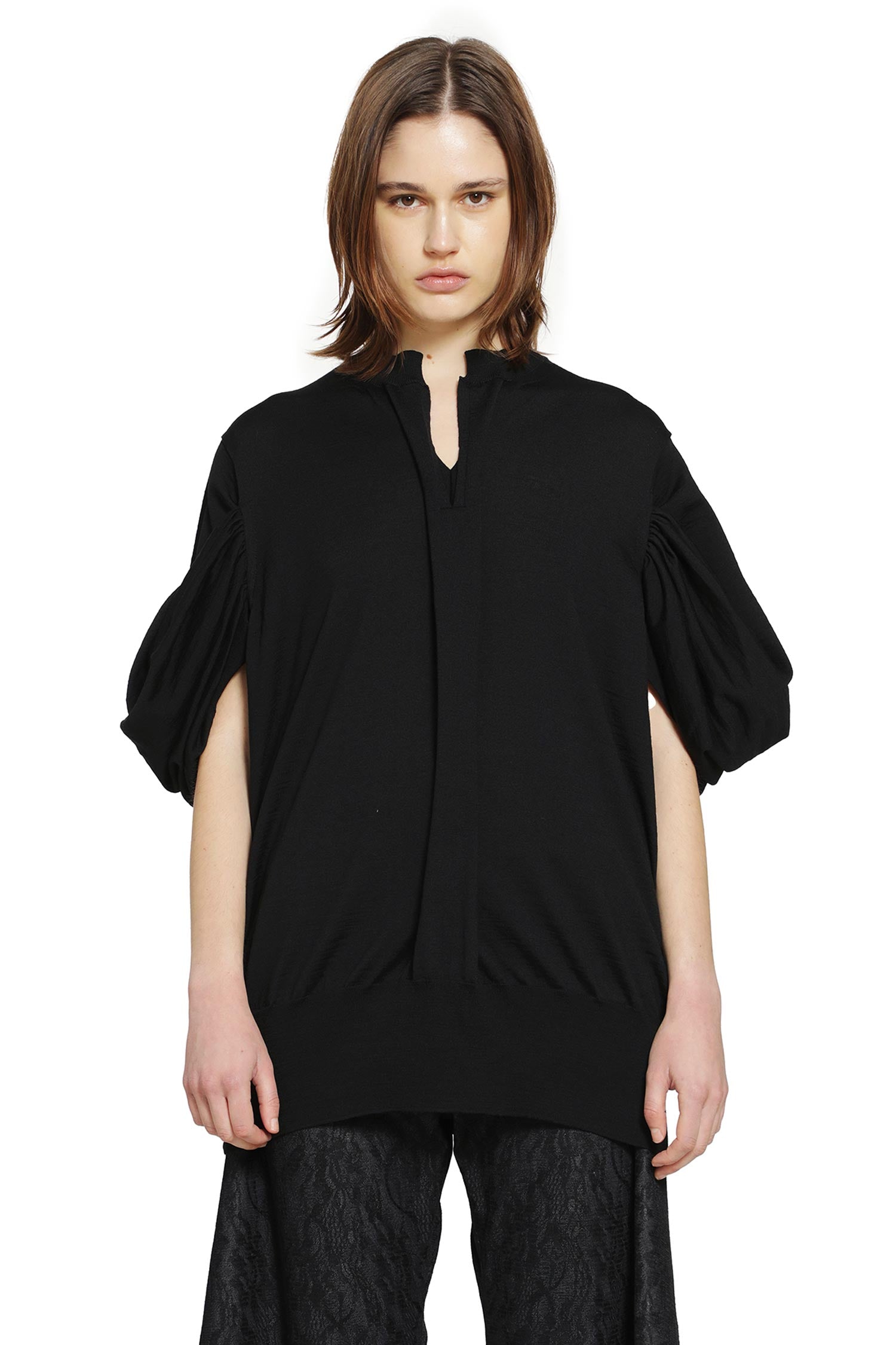JUNYA WATANABE V-Neck Wool Sweater with Gathered Sleeves