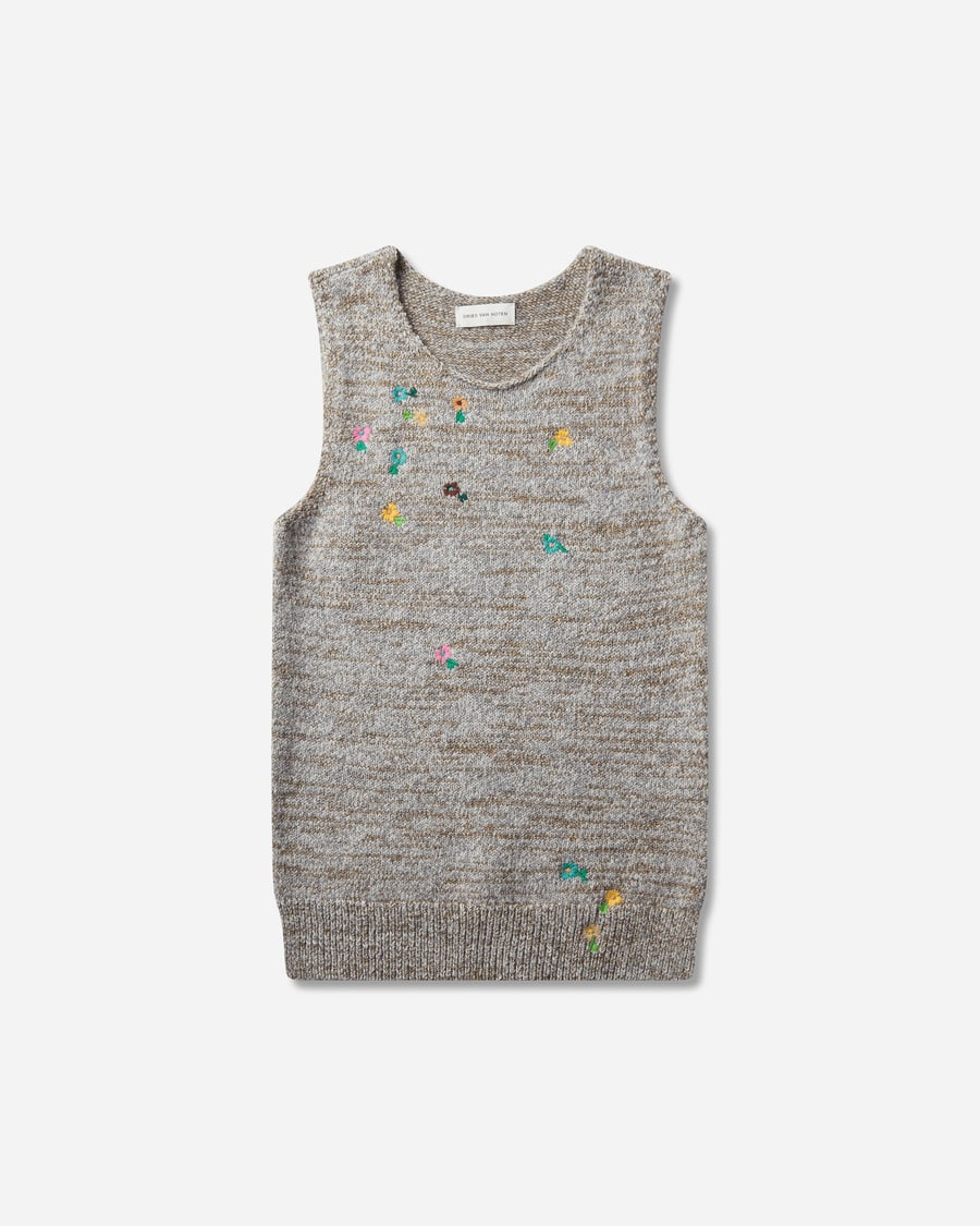 Dries Van Noten Men's Embroidered Wool Sleeveless Sweater Light Grey