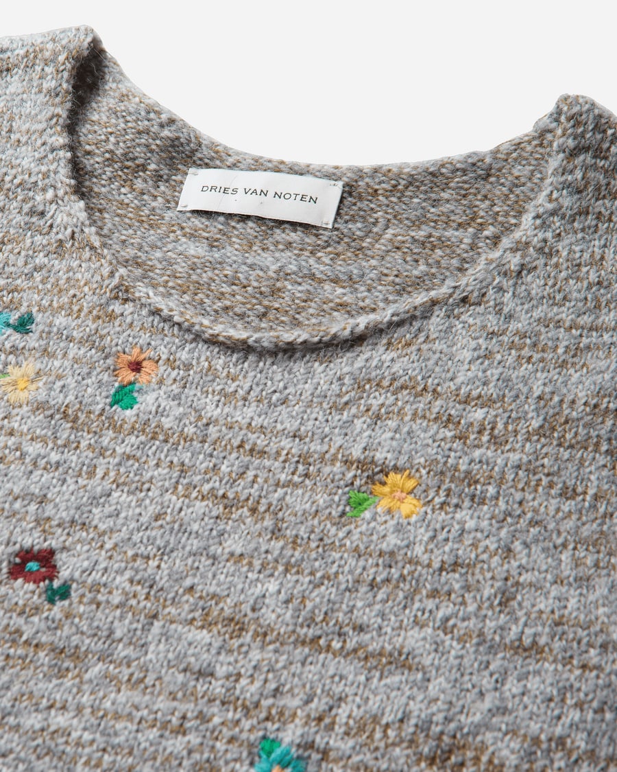 Dries Van Noten Men's Embroidered Wool Sleeveless Sweater Light Grey, view 3