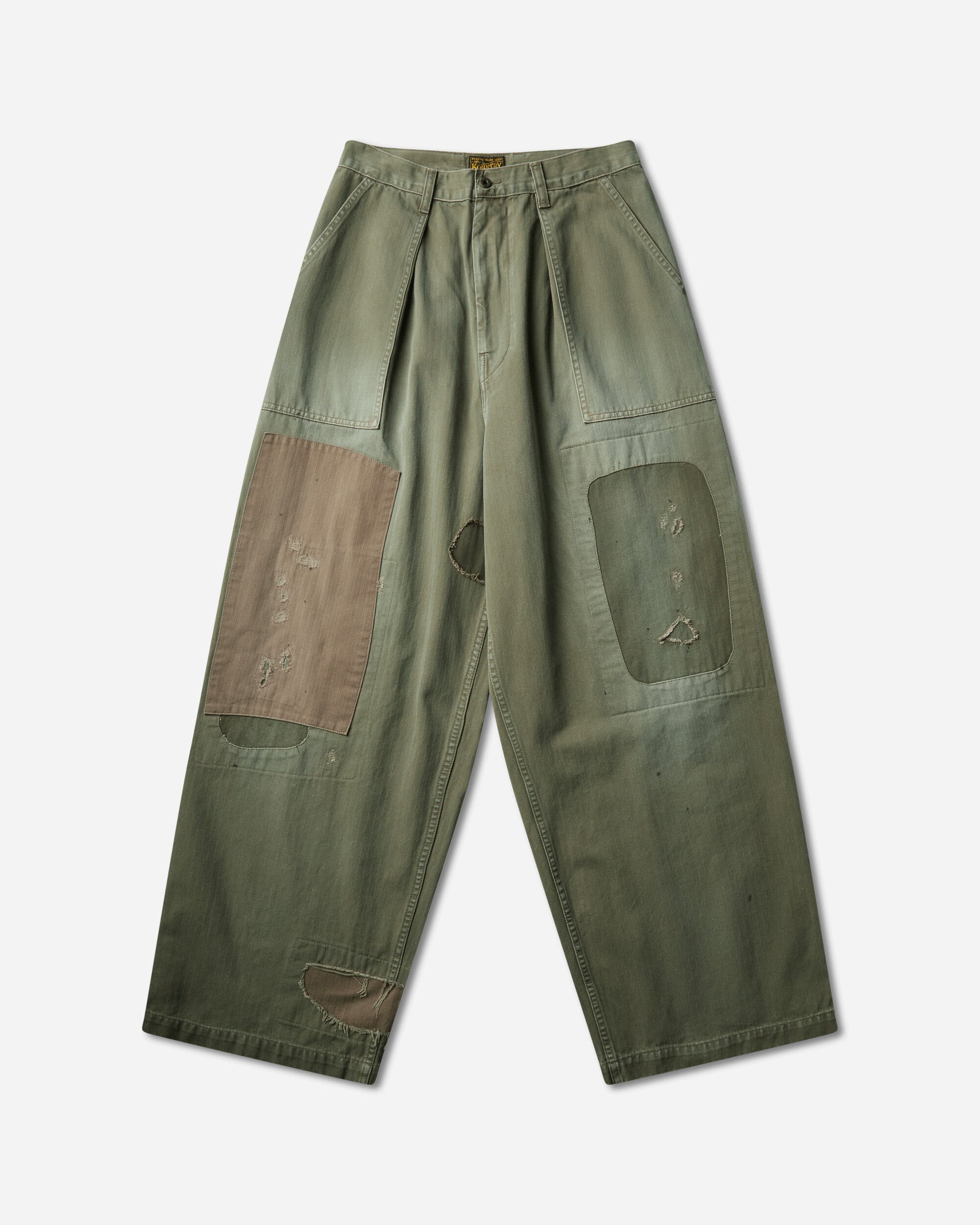 KAPITAL Men's Herringbone Fatigue Baggy Pants (Rushfiled Remake) Khaki