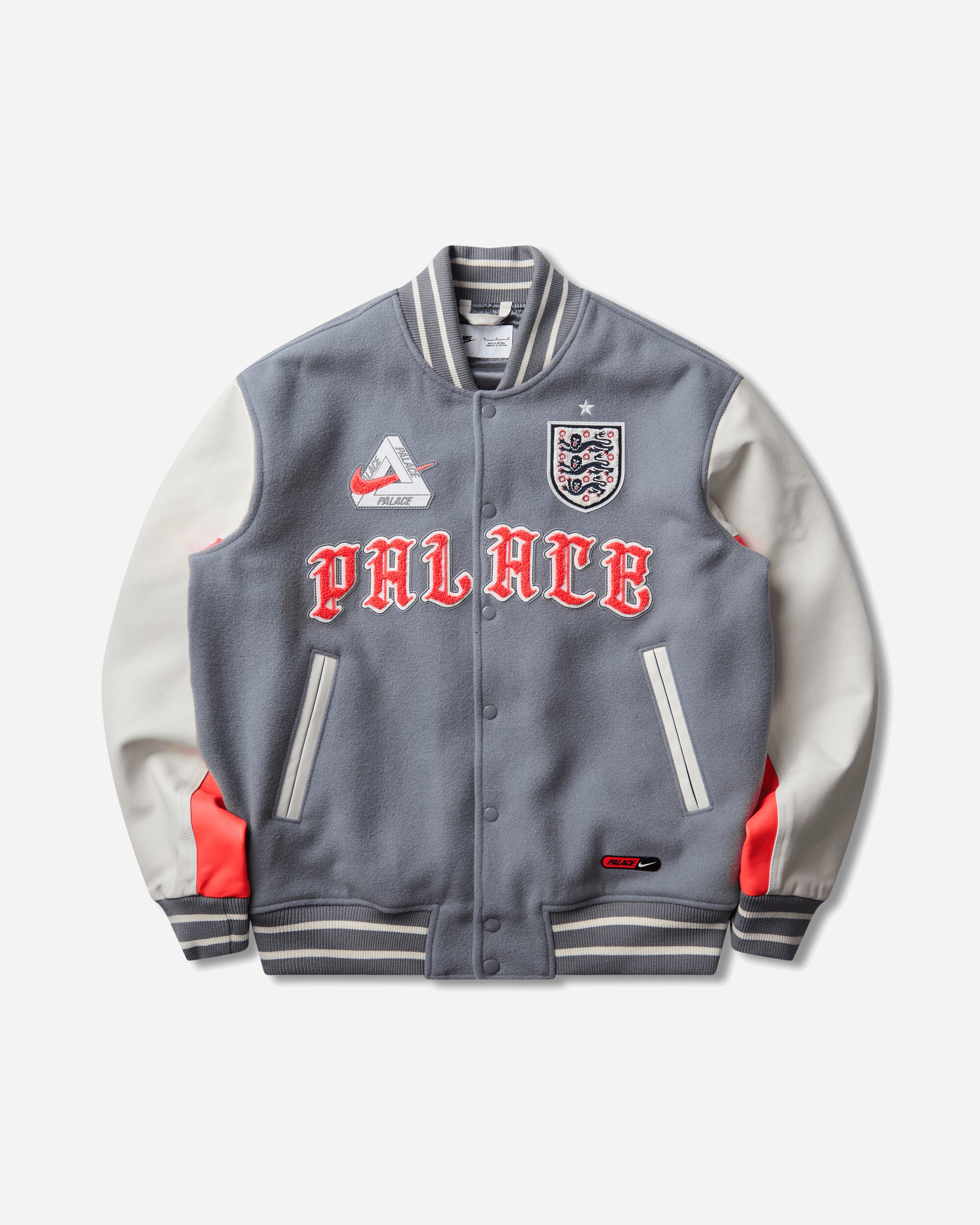 Nike England x Palace Varsity Jacket Cool Grey / White / Bright Crimson