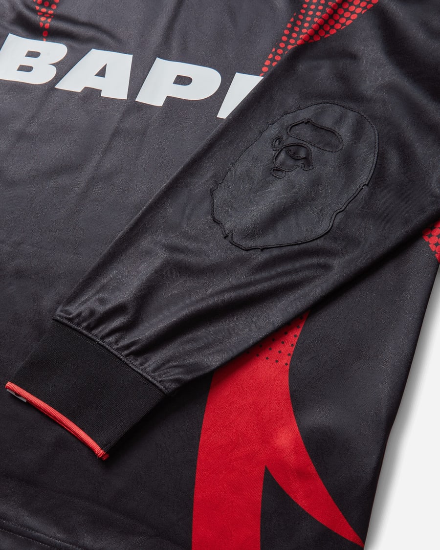 A Bathing Ape Men's Ape Flame Monogram Jacquard Logo Relaxed Fit Football Jersey Black, view 4