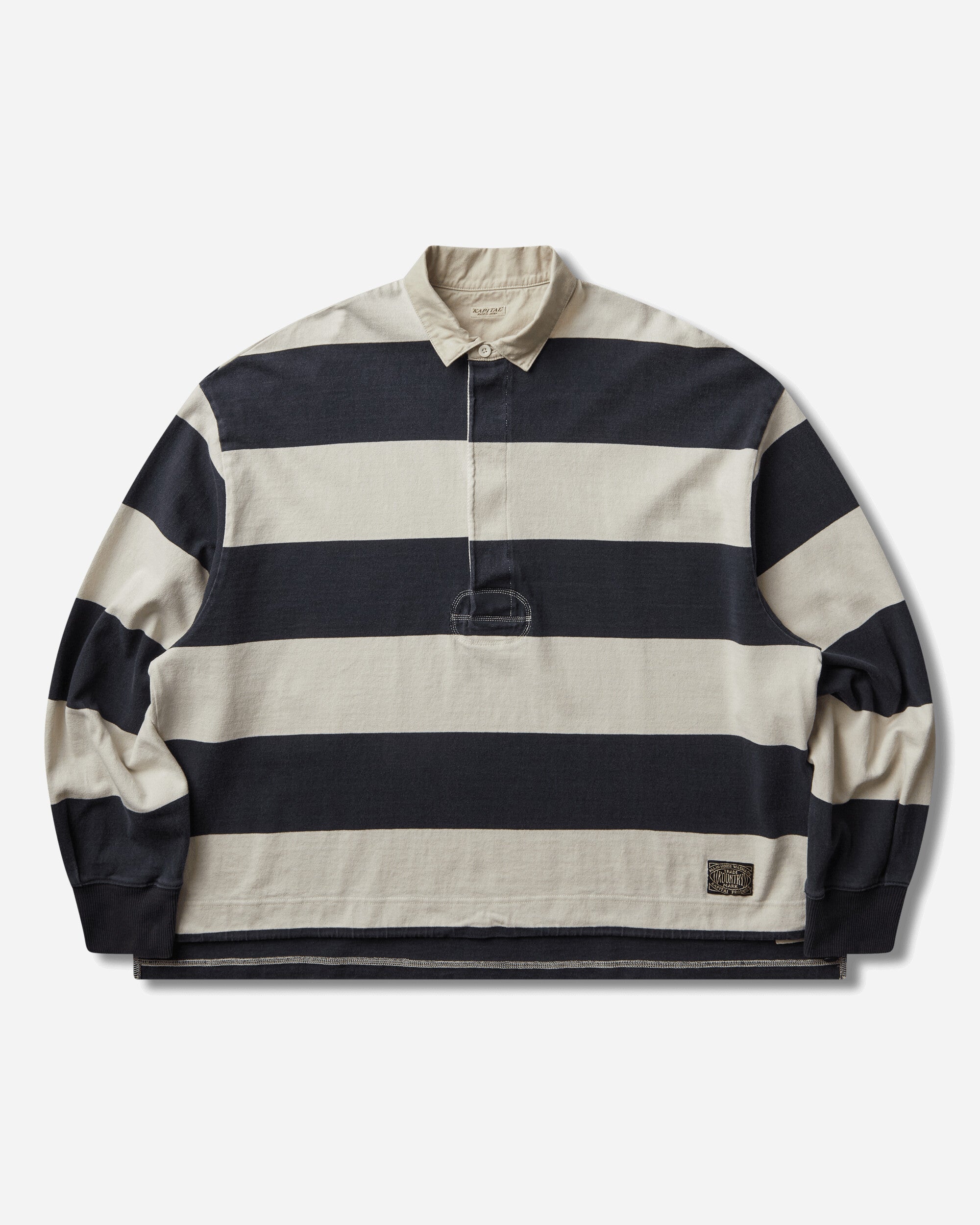 KAPITAL Men's Jail Stripe Jersey Big Rugger Shirt Black / Ecru