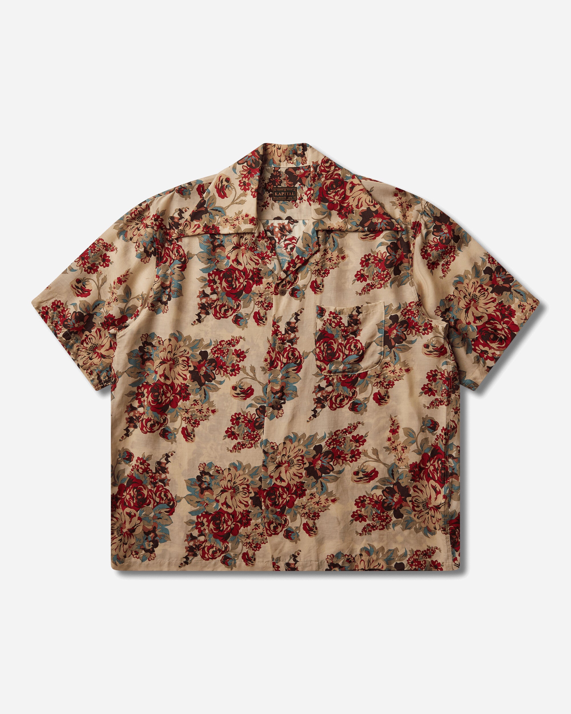 KAPITAL Men's Silk Rayon Champetre Amaterasu Wrangle Collar Aloha Shirt Ecru