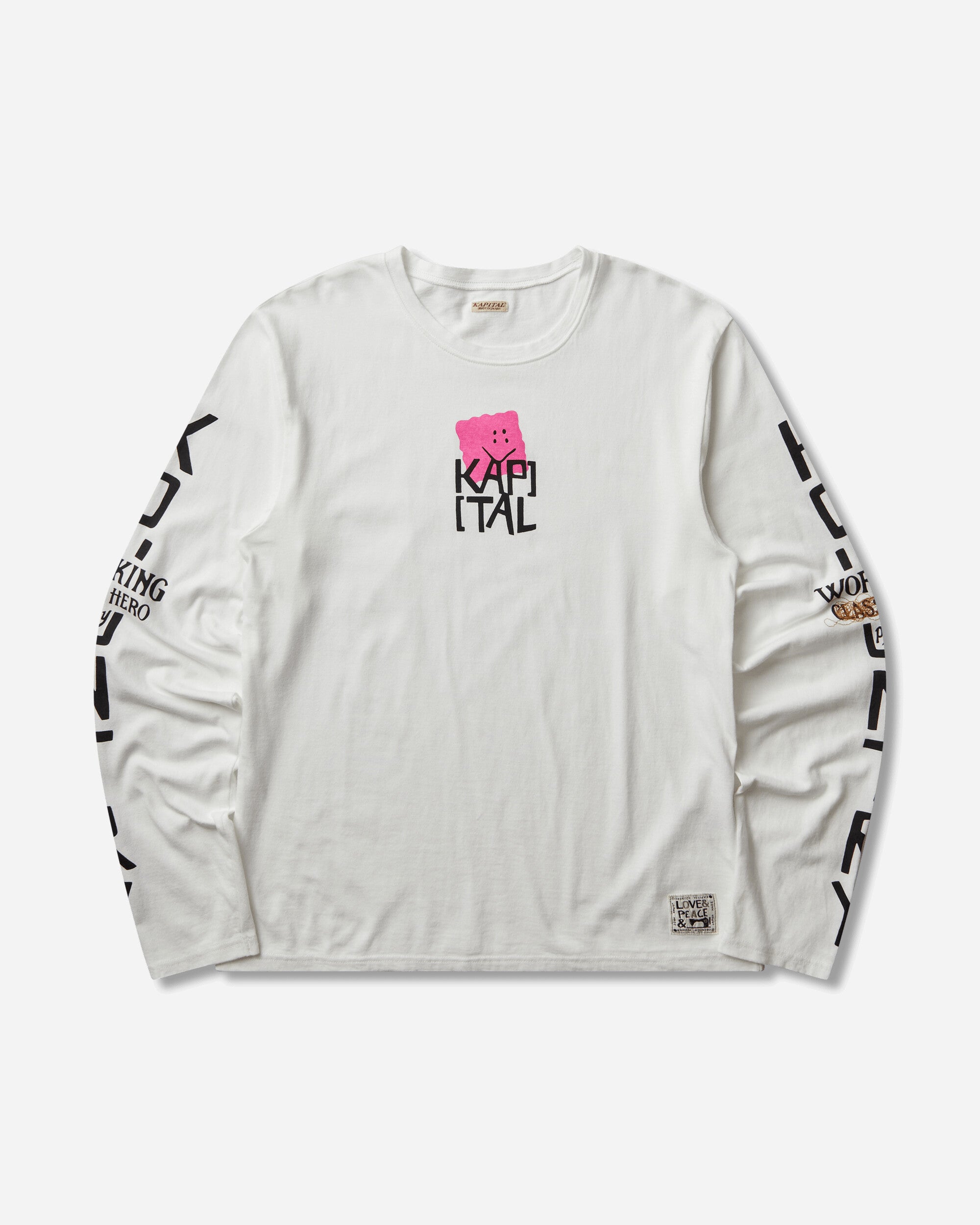 KAPITAL Men's 20/-Jersey Crew Longsleeve T-Shirt (Peckish Kap) White / Pink