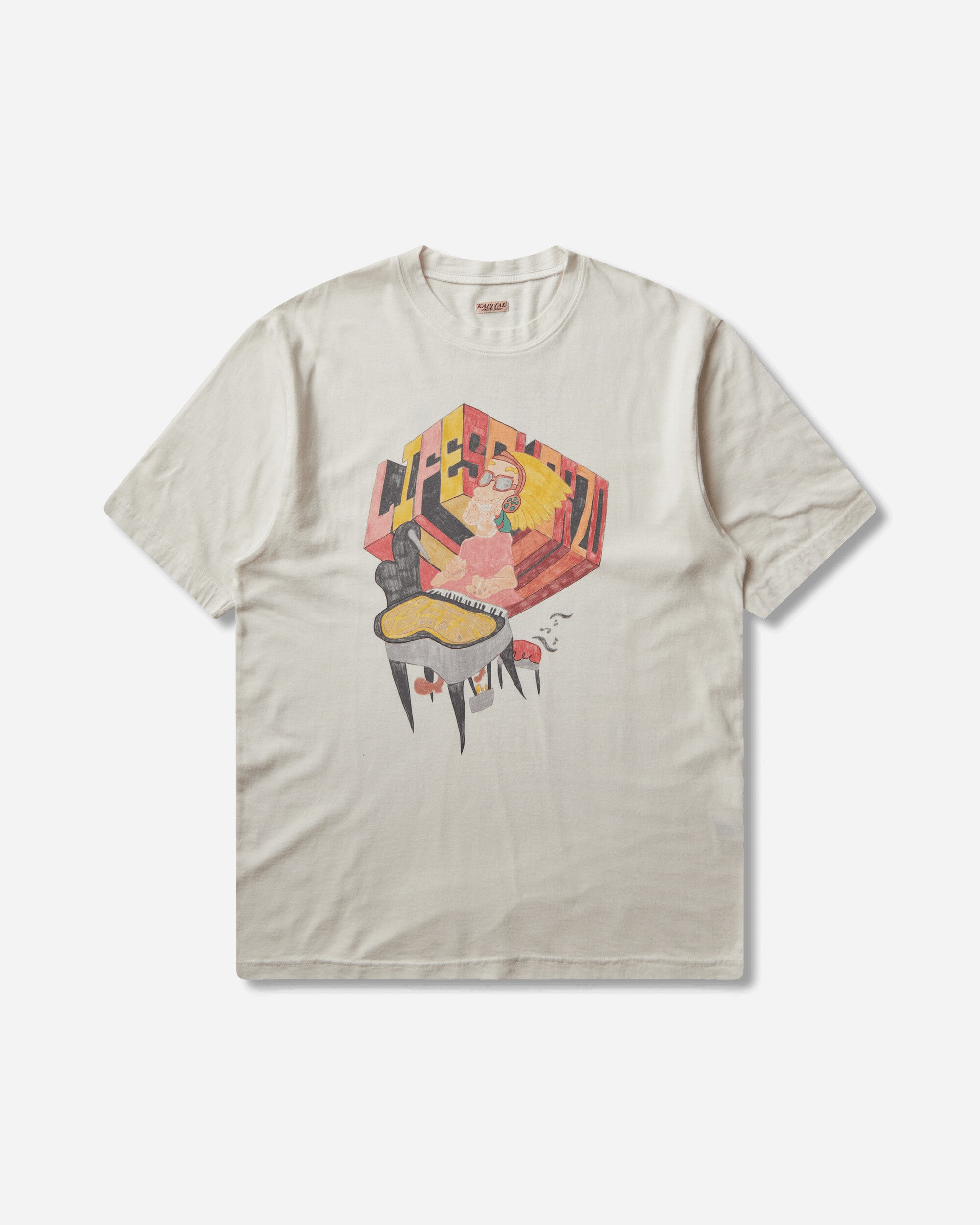 KAPITAL Men's 20/-Jersey Crew T-Shirt (Analog Piano Man) Ecru