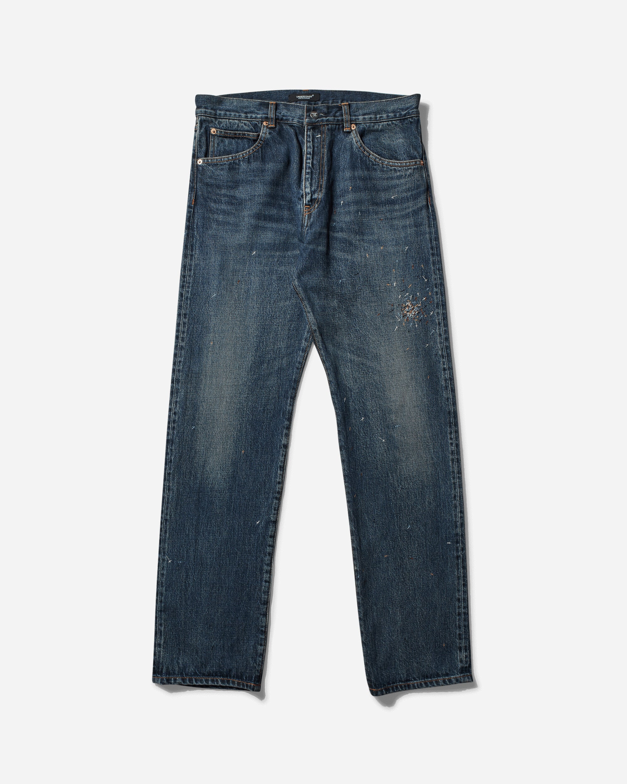 Undercover Men's Cross Embroidery Distressed Denim Pants Light Blue Indigo