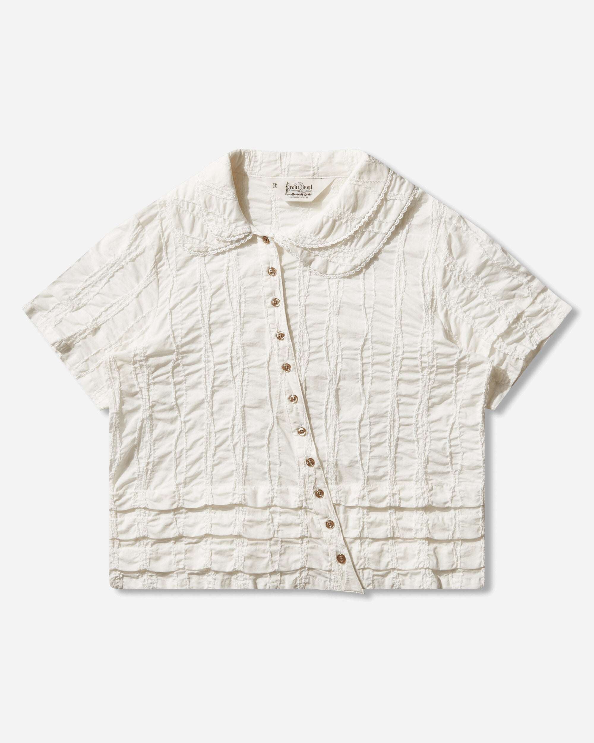 Brain Dead Women's Twisted Seersucker Button Up Shirt Beige
