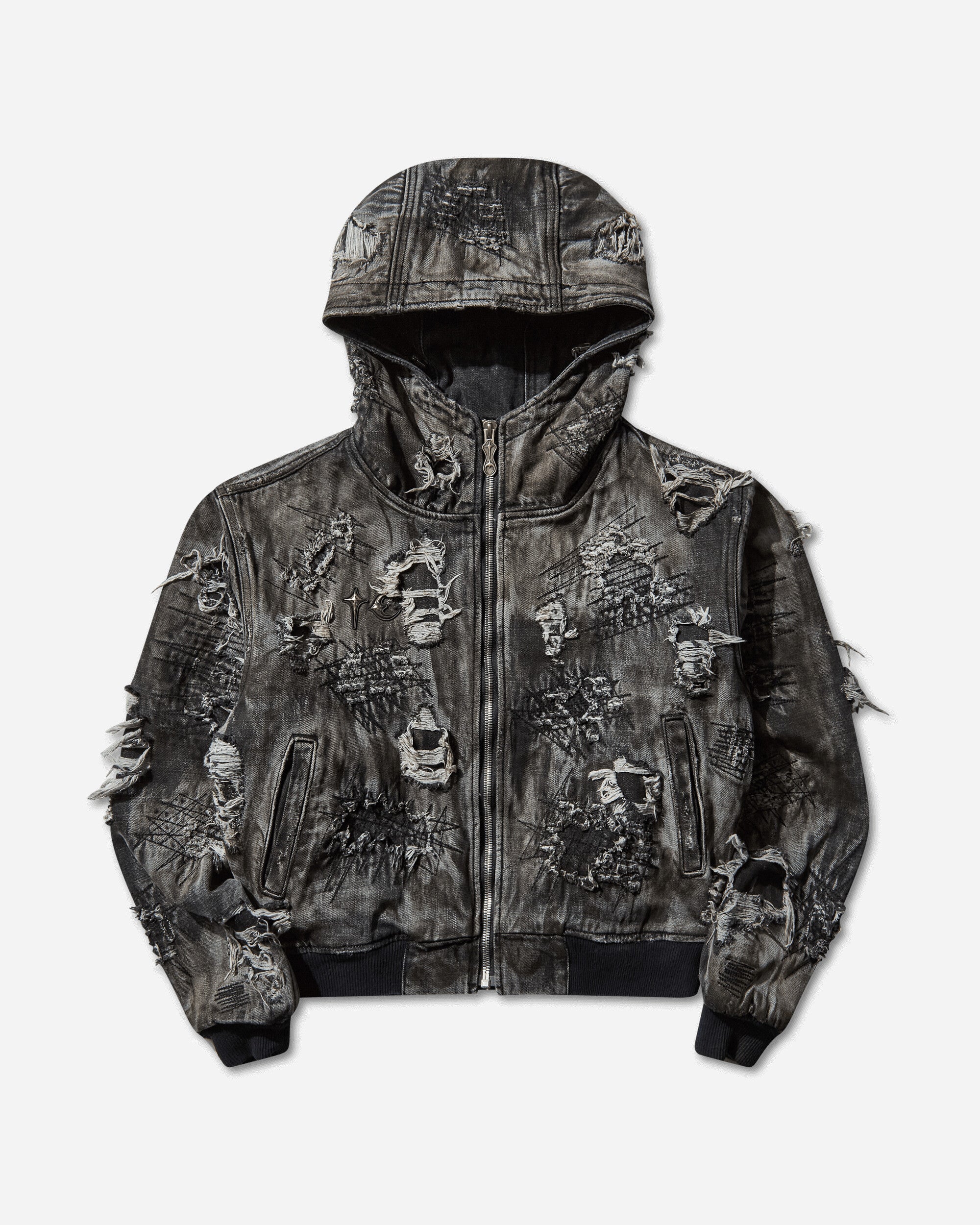 Thug Club Men's Hard-Washed Damaged Denim Hooded Zip-Up Jacket Black