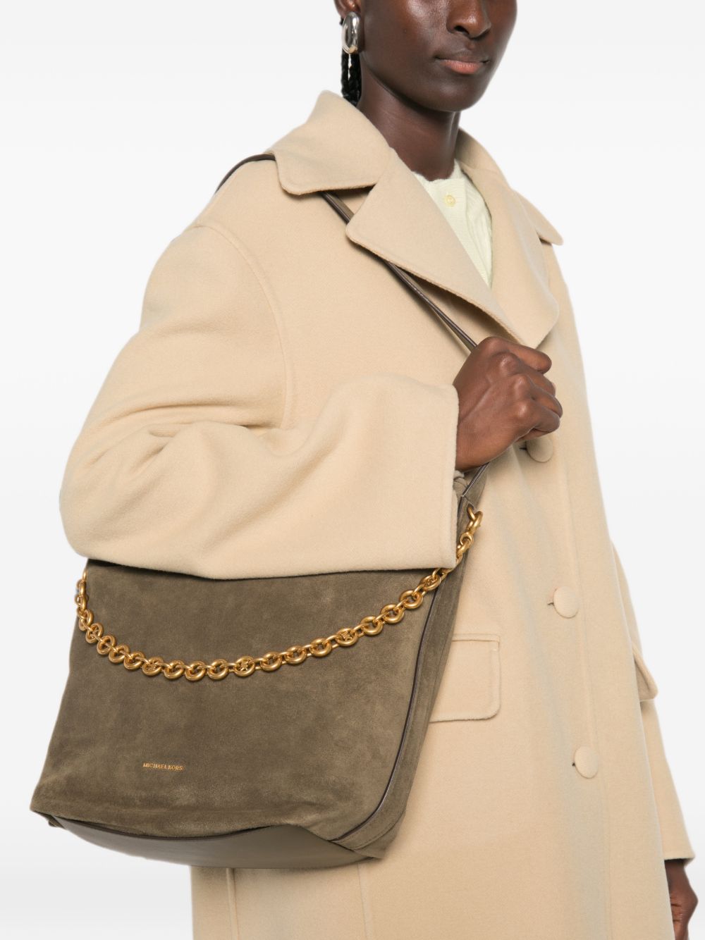 MICHAEL KORS Borsa a spalla in suede verde con tracolla e catena dorata, view 2