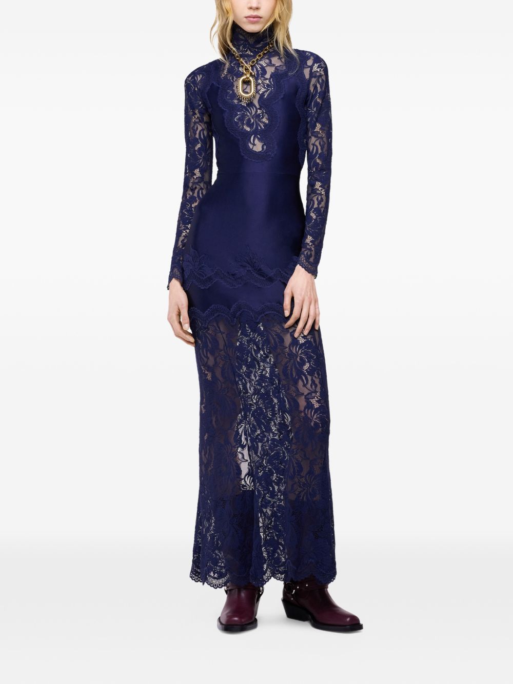 RABANNE Abito lungo elegante blu viola con ricami e pizzo, view 2