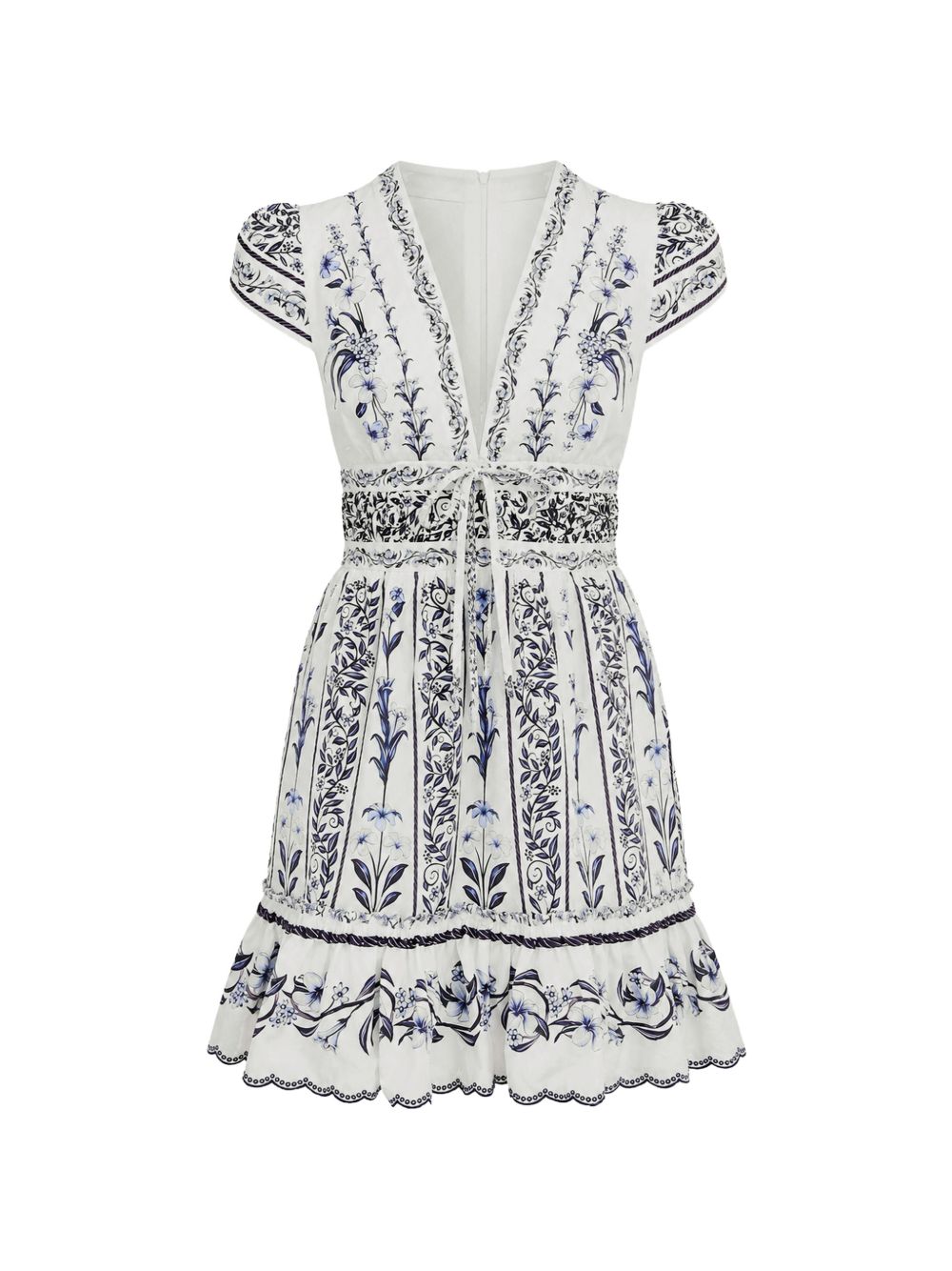 FARM RIO Abito midi bianco con scollo a V e fantasia floreale blu