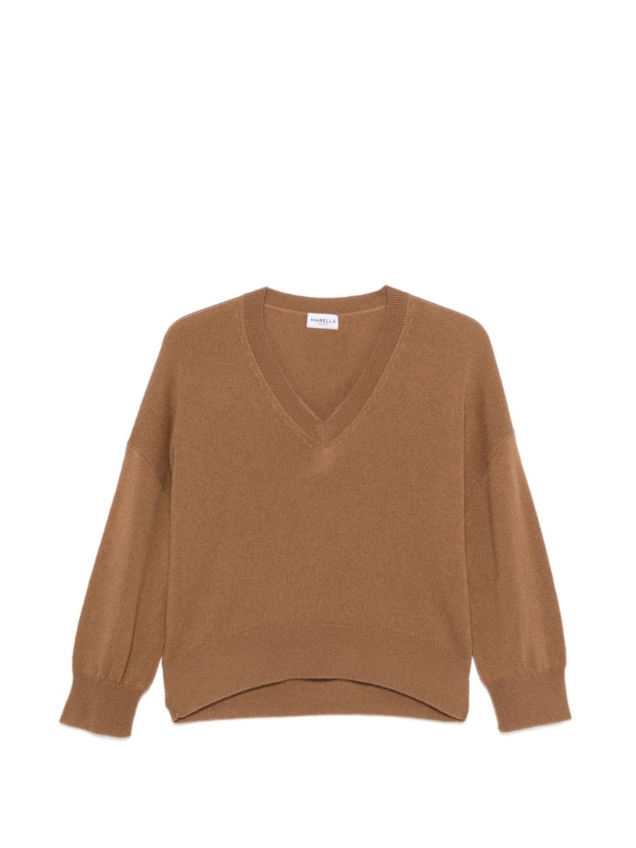 MARELLA SPORT Maglia Editore con scollo a V marrone in lana misto cashmere