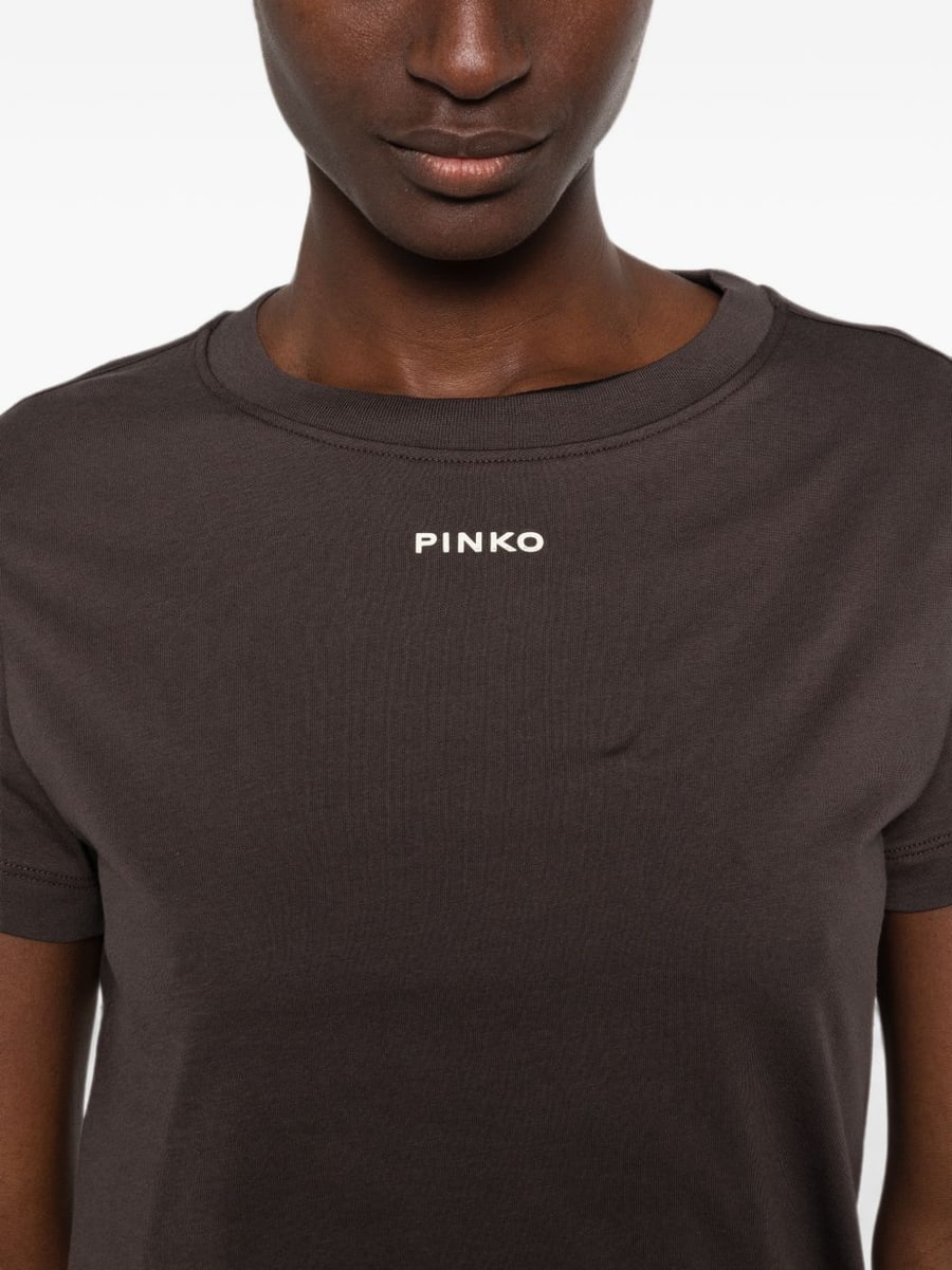 Pinko T-shirt basic marrone in cotone a maniche corte, view 4
