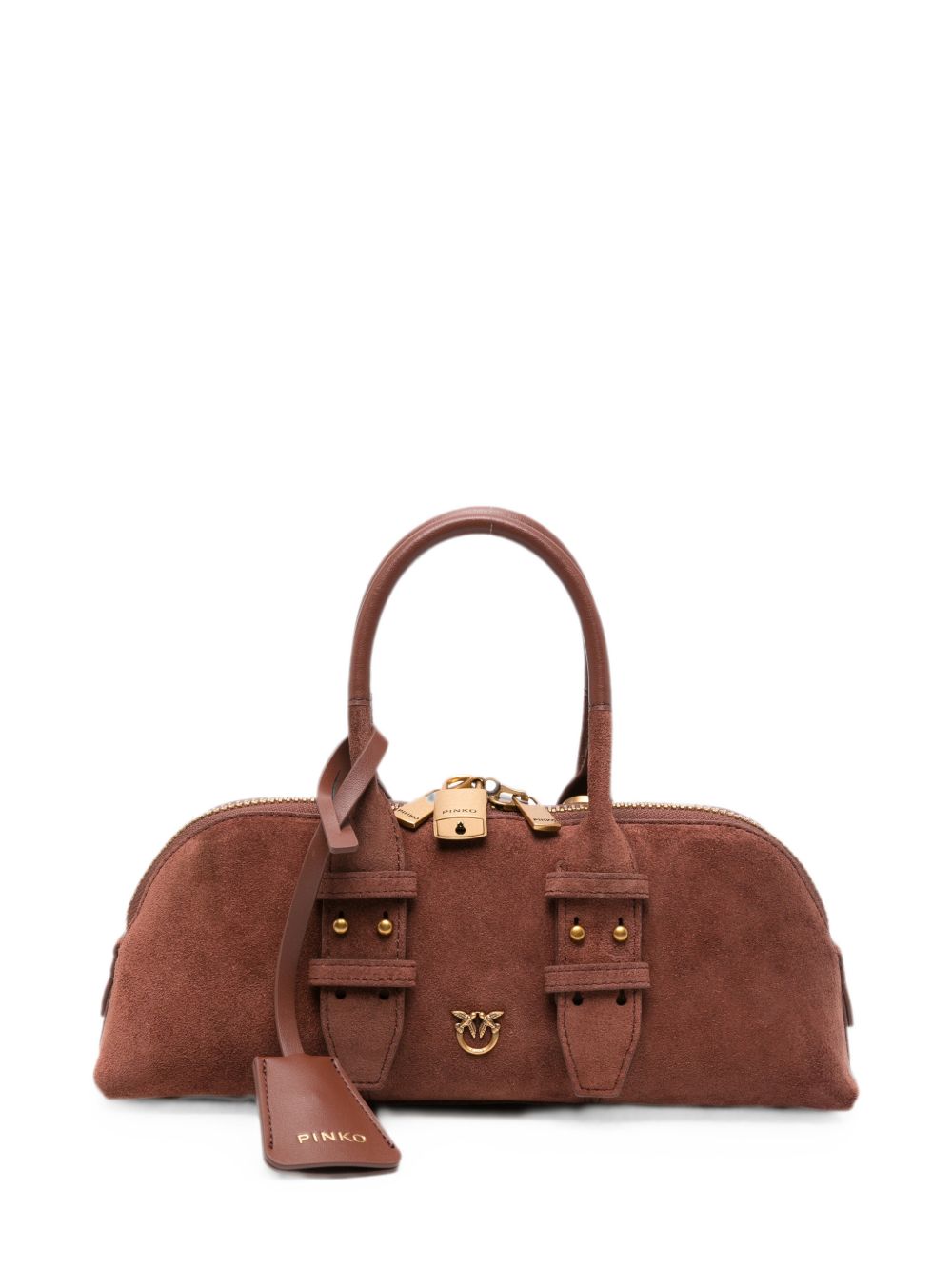 Pinko Borsa Bowling Bag Horizo in suede con charm dorati