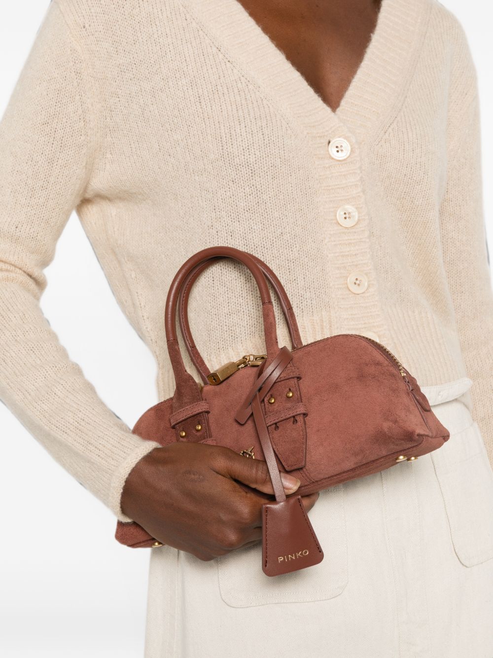 Pinko Borsa Bowling Bag Horizo in suede con charm dorati, view 2