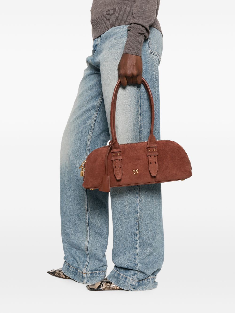 Pinko Borsa a spalla Bowling Horizontal in suede marrone chiaro, view 2