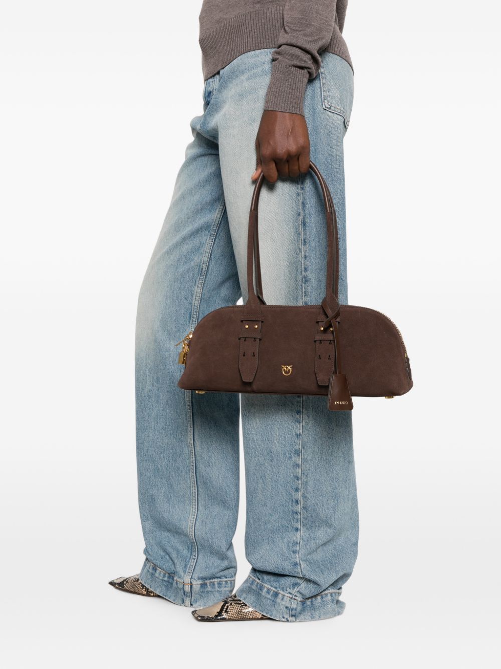 Pinko Borsa Bowling Horizontal in suede marrone con charm dorati, view 2