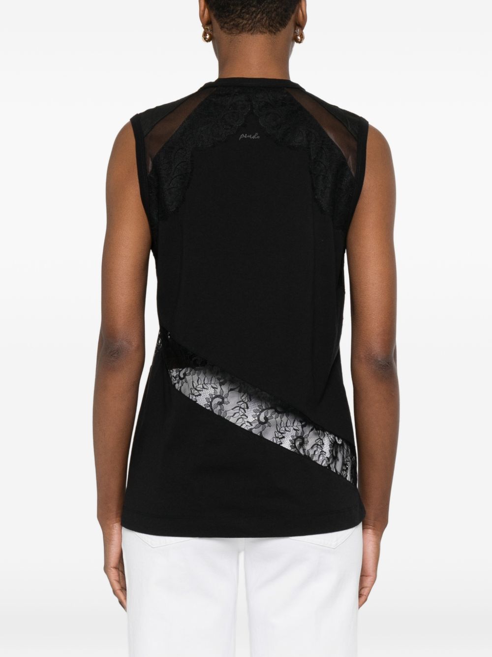 Pinko T-shirt Molly in cotone nero con pizzo, view 2
