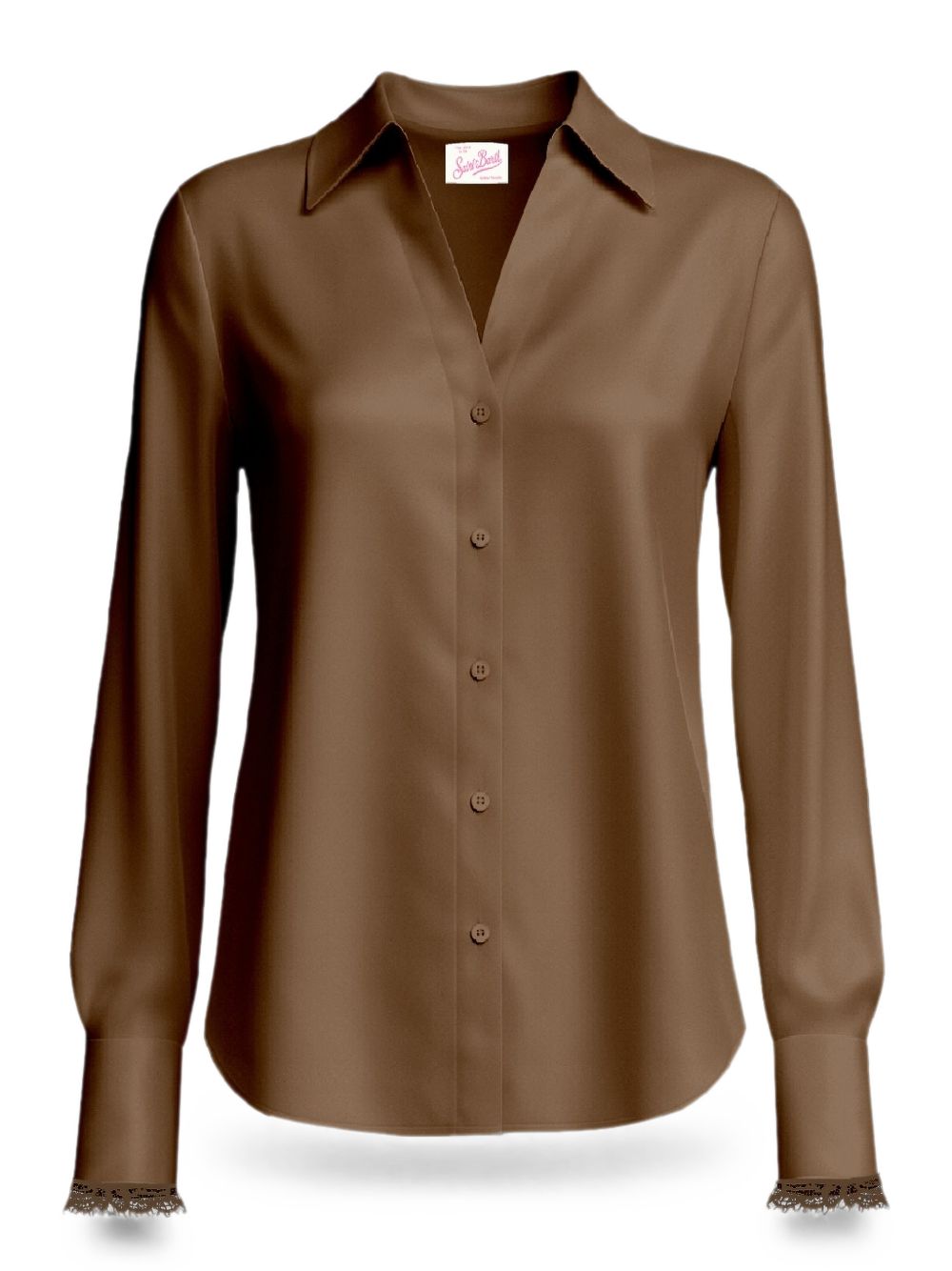MC2 SAINT BARTH Camicia marrone in seta con dettagli in pizzo, view 2