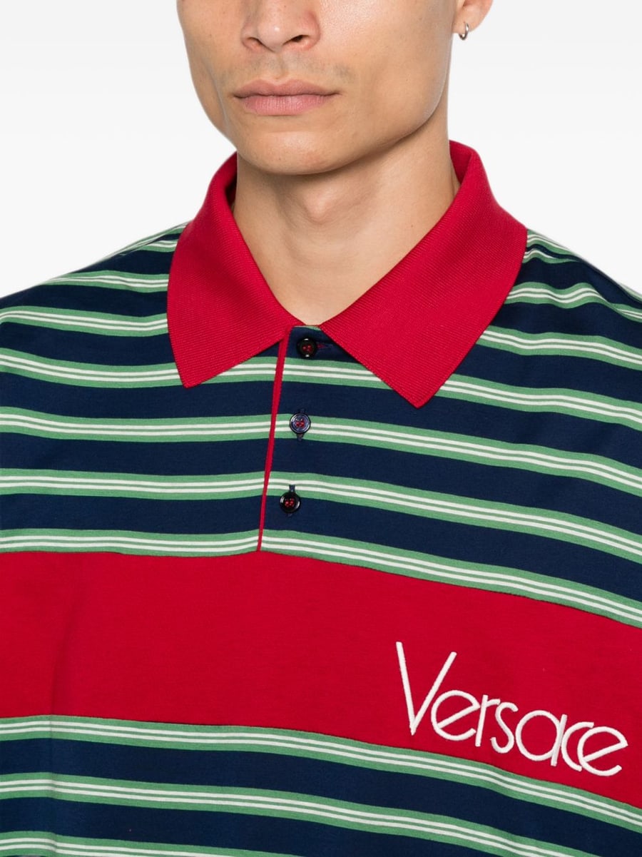 Versace Polo in cotone a righe con logo, view 5