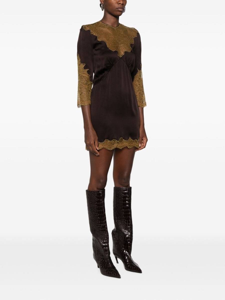 The Attico Mini abito in satin e pizzo marrone e verde, view 3