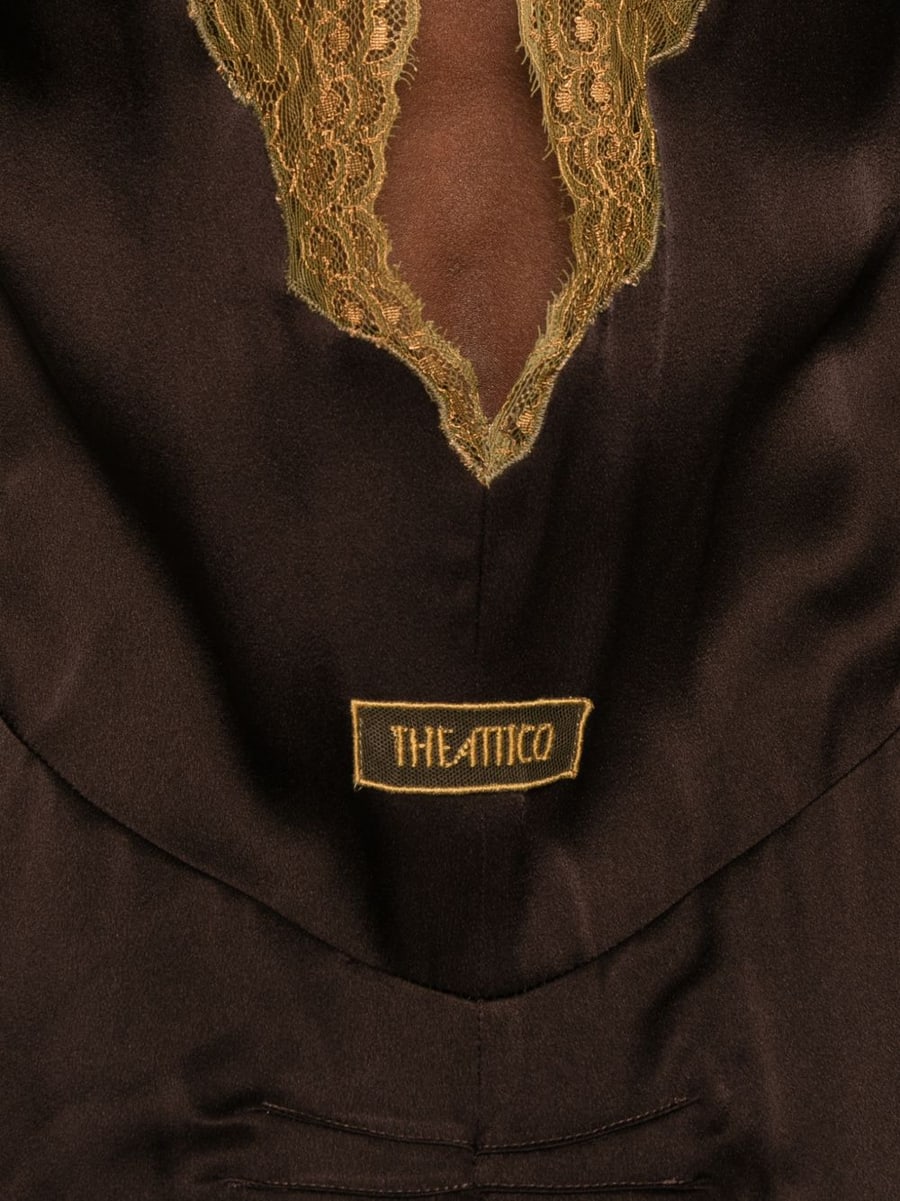 The Attico Mini abito in satin e pizzo marrone e verde, view 4
