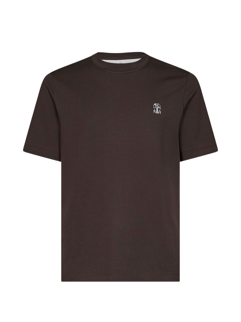 Brunello Cucinelli T-shirt marrone scuro a maniche corte in cotone con logo sul petto