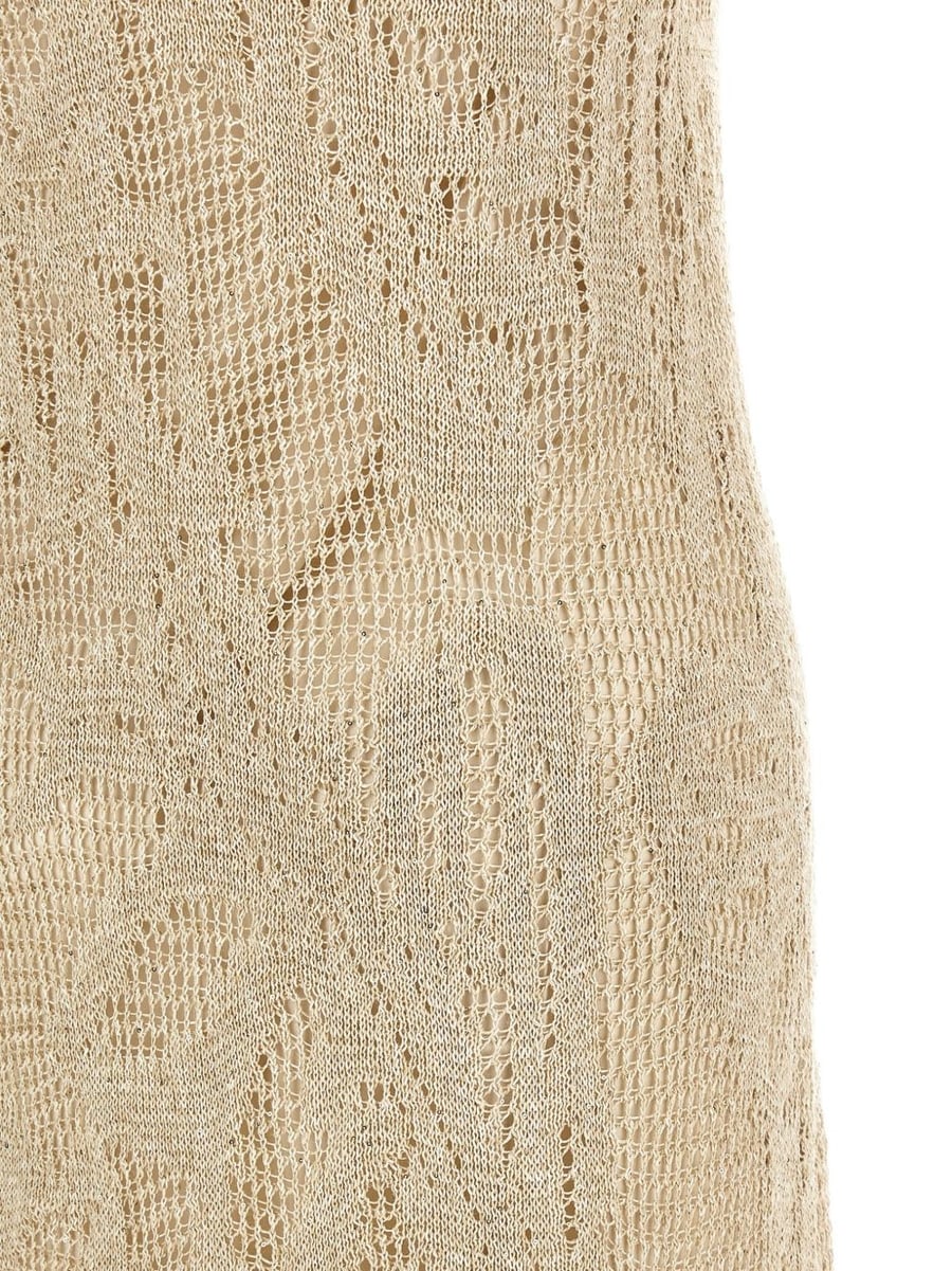 Brunello Cucinelli Abito midi in crochet in lino misto cotone beige, view 2