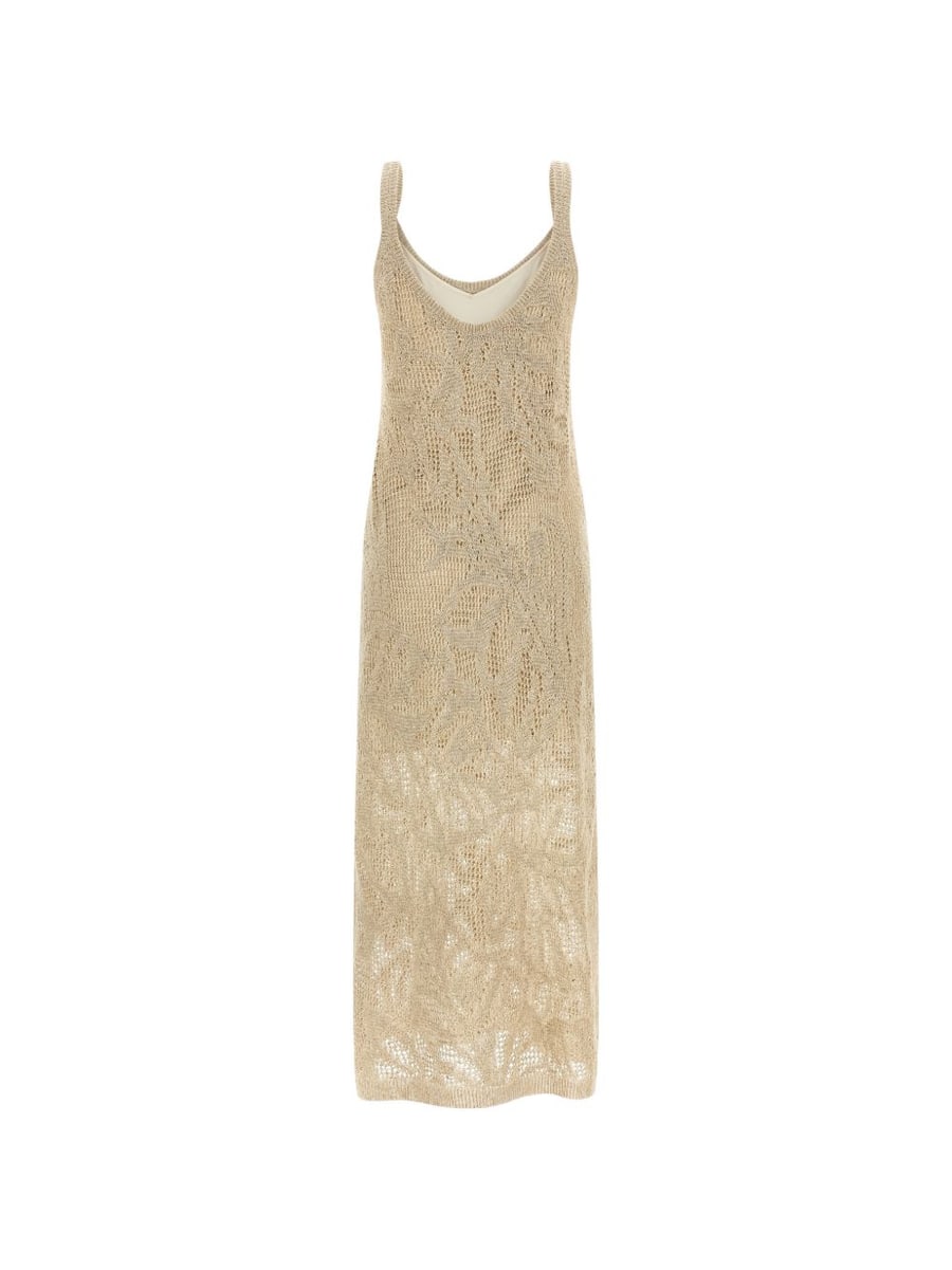 Brunello Cucinelli Abito midi in crochet in lino misto cotone beige, view 3