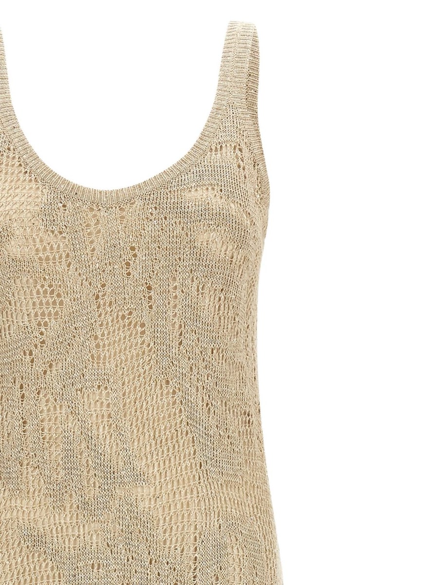 Brunello Cucinelli Abito midi in crochet in lino misto cotone beige, view 4