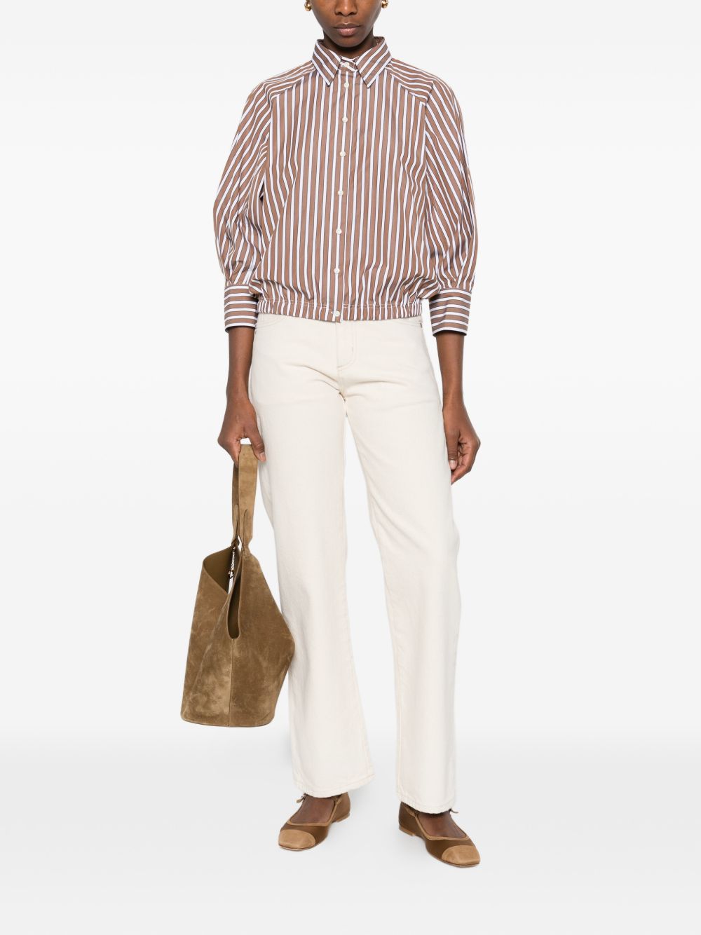 Brunello Cucinelli Camicia a righe marrone e bianco in cotone, view 2
