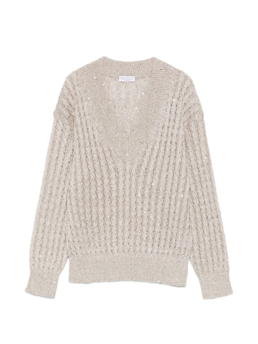 Brunello Cucinelli Maglia beige in cotone con paillettes scollo a V