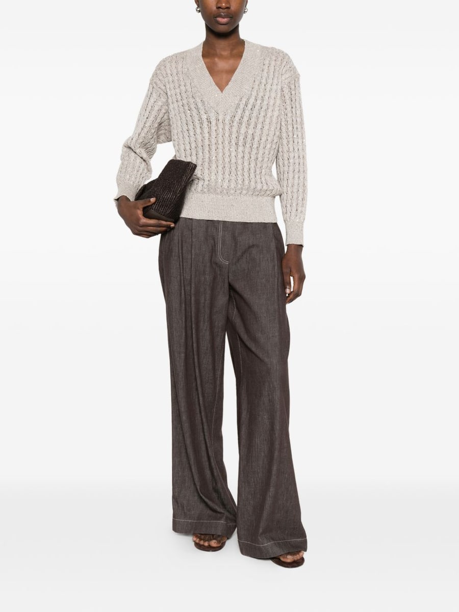Brunello Cucinelli Maglia beige in cotone con paillettes scollo a V, view 2